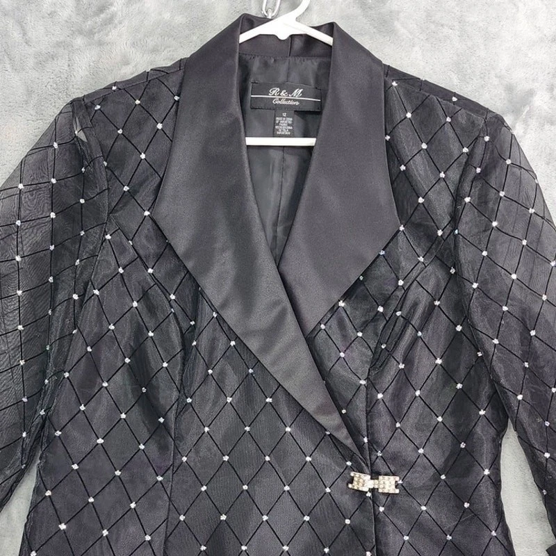 Vintage R&M Collection Jacket Womens 12 Black Silver Glitter Velvet Sheer Satin - Image 2 of 4