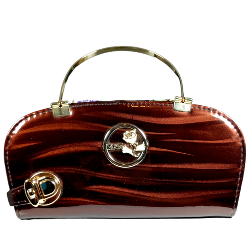 Copper Brown Designer Wallet Purse with Gold Metal Handles Rose Emblem