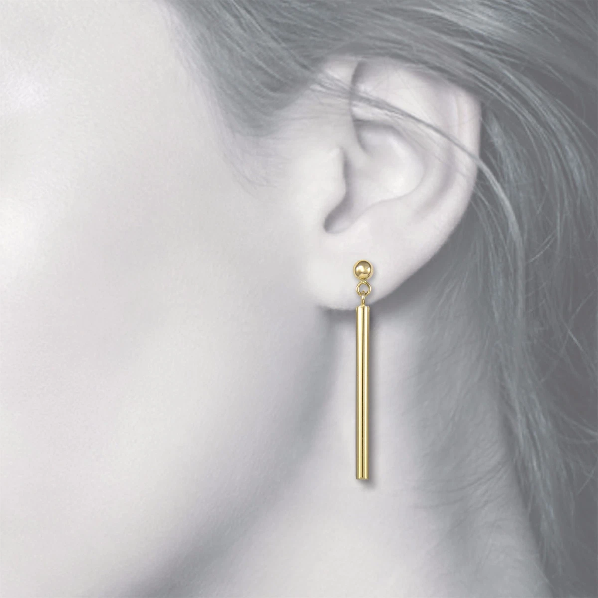 14K Solid Yellow Gold Bar Dangle Earrings Vertical Hanging Drop Women Men