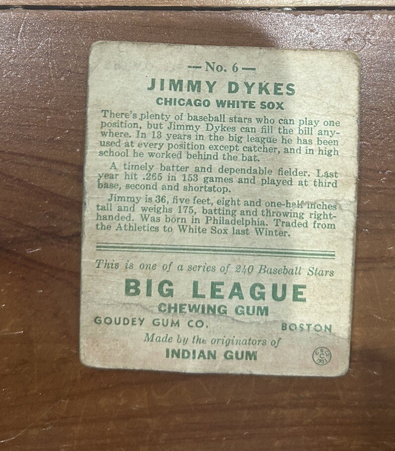 Jimmy Dykes 1943 Goudey #6 Chicago White Sox 🔥🔥 Vintage Baseball