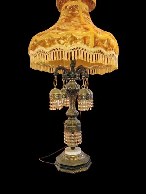 VTG Cornell Loevsky Lalique Style 2 Lamps Brass Hollywood Regency Crystals MCM