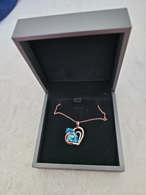 NWOT JW Artiziaon Necklace Gold Tone 16'' Aqua & Clear Crystal Heart Pendant RARE