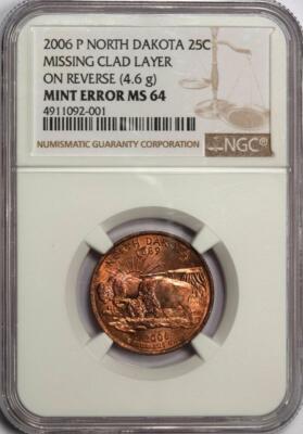 新品　希少　初期　エラー品　OLD MOUNTAIN copper 3個セット 2006 NGC MS64 Missing Clad Layer North Dakota Quarter Mint Error