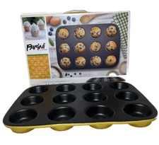 Parini 12-Cup Muffin Baking Pan Non-stick Stoneware NIB Yellow Outside 