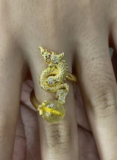 Naga Ring Rutile Quartz Gemstone Talisman Jewelry Dragon Thai Buddha Amulet