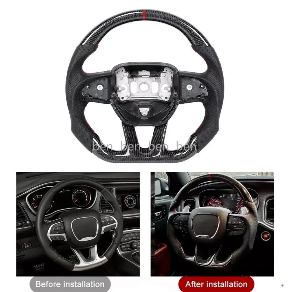 Volante deportivo plano de fibra de carbono para Dodge Challenger Charger SRT Durango Foto 3 de 4