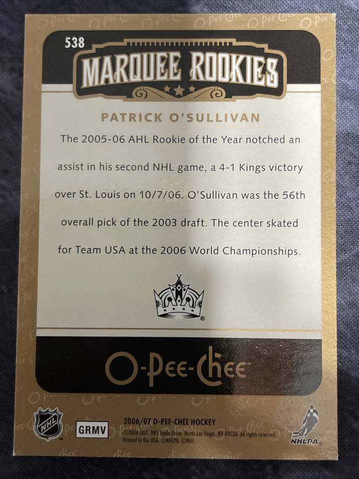 2006-07 O Pee Chee Marquee Rookies 538 Patrick O’Sullivan Los Angeles Kings - Image 2 of 2