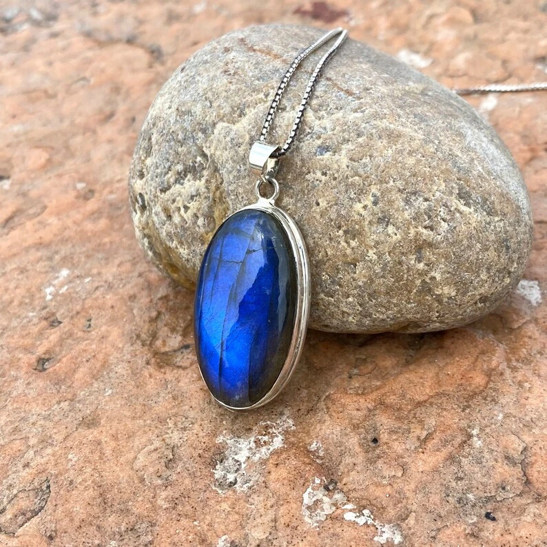 Splendido Pietra Labradorite 925 Argento Sterling, Fatto a Mano Ciondolo - Immagine 2 di 4