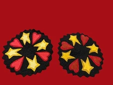 (2) Primitive Hand Sewn Wool Appliqué Stars & Hearts Candle Mat Homespun Backing