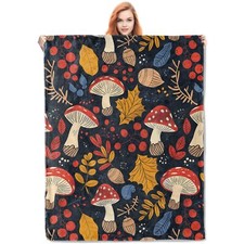 Mushroom Fleece Blanket Gifts Colorful Mushrooms and Autumn Leaves Design Sof...