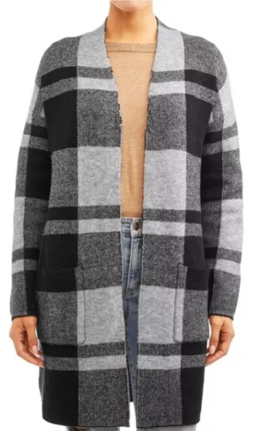 Time and Tru Womens Long Open Cardigan in Black Gray Plaid Size M