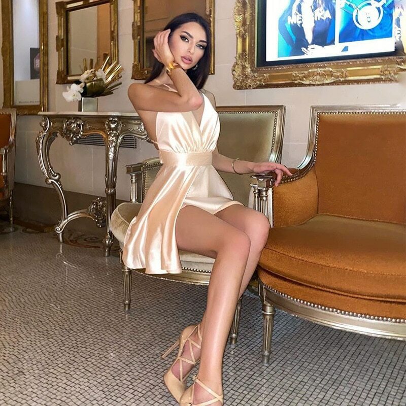 club style mini satin dress Satin Mini Dress Backless Sleeveless Party Night Club Wrap Straps Elegant  Solid