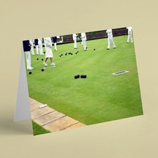 Playing bowls on the bowling green sport birthday card - male female friend dad