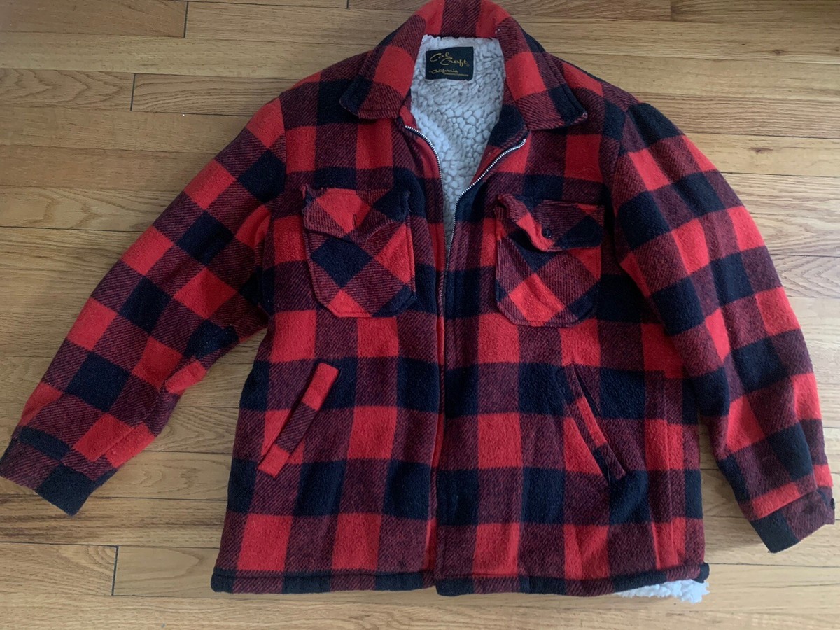 Vtg 70s Cal Craft Buffalo Plaid Check Red Black Wool Sherpa Jacket Mens  Sz M