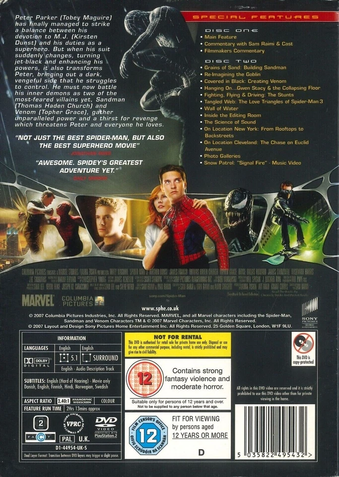 Spider-Man 3 (2007) 2-Disc Special Edition DVD, Sam Raimi [Region 2] - Image 2 of 2