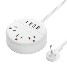 Flat Plug Power Strip with USB 5ft Cord Desktop Charging Station White