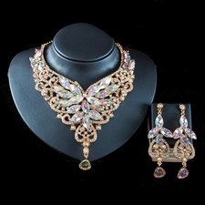 Crystal Bridal Necklace Earrings Set Gold Tone Statement Wedding Jewellery