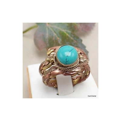 Bague tibétaine tressée laiton et cuivre et Turquoise 5097 - Photo 1/3