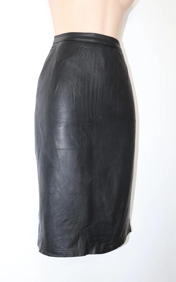 Women's Vintage Black Soft 100% Leather Straight Pencil Lined Midi Skirt UK8 W26 - Image 2 of 4