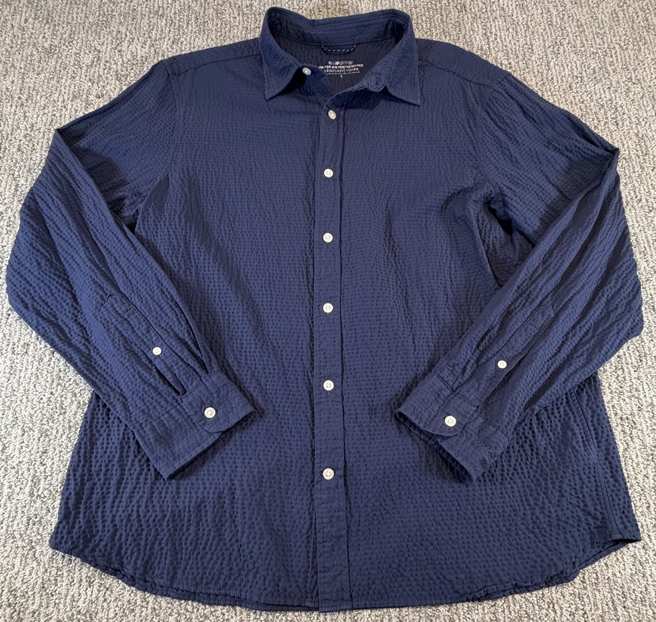 Vineyard Vines OTG Shirt Mens L Blue Seersucker On The Go Button Up Long Sleeve