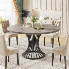 Round Dining Table, 47inch Farmhouse Kitchen Table w/ Metal Base for Dinner Room