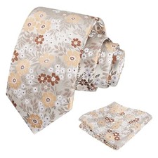 Mens 3.15'' Natural Flower Pattern Tie with Floral Pocket 146-gray khaki brown