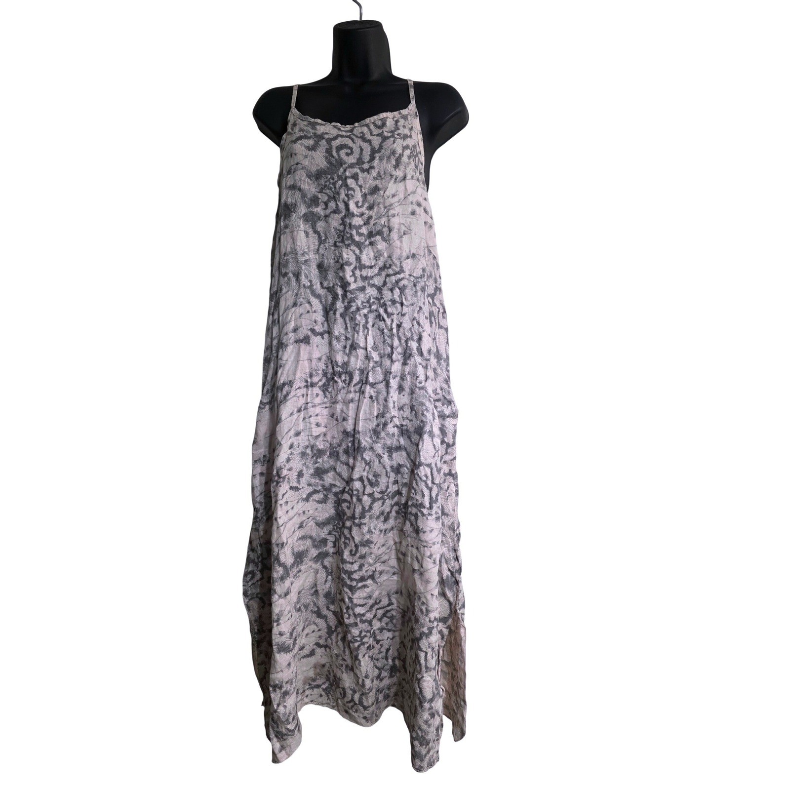 Lungo L'Arno Gray Black Abstract Floral Linen Maxi Dress Made in Italy Womens M