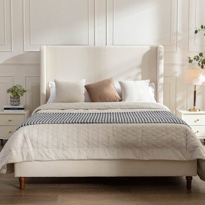 Upholstered Bed Frame 54'' Tall Headboard For California King Ivory Boucle