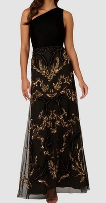 Adrianna Papell Women's One-Shoulder Beaded Velvet Ball Gown - Black/Gold - Size 14