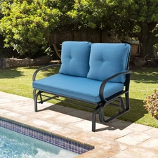 Patiojoy 2-Person Outdoor Glider Bench Porch Rocking Loveseat w/ Cushions Blue
