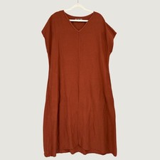 FLAX Yara Linen Blend V-Neck Drop Shoulder Maxi Dress Rust Orange Pockets Size M