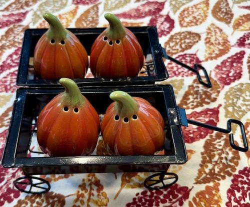 3-piece Set Of 2 Pumpkin Wagon Ceramic Salt & Pepper Shaker Fall Thanksgiving