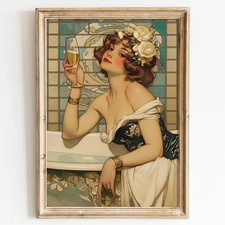 Woman Bathtub Wall Art Vintage Bathroom Pictures Retro Bar Cart Poster Elegan...