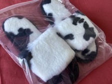 Cow print faux fur fluffy slippers sliders size 38-39 / 5-5.5