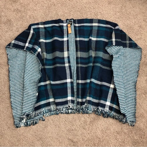Steve Madden Poncho Pullover Damen Strick blau kariert Hahnentritt Fransen - Bild 2 von 11