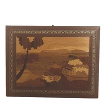 Vintage Italian Marquetry Inlaid Wood Italian Coastal Scene Plaque Melany Naples