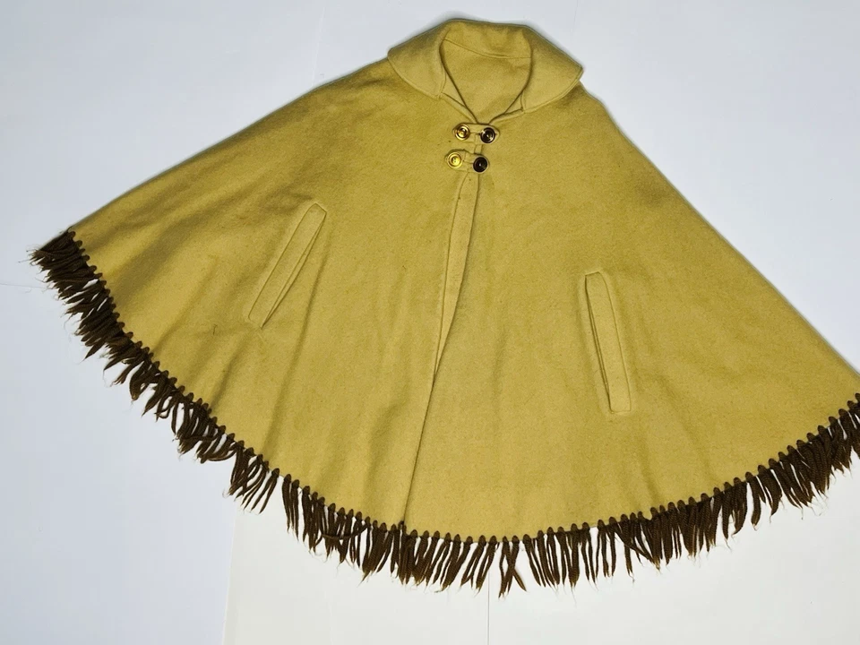 Vintage 1960s Handmade Mustard Yellow Felted Wool Poncho Women's Coat Cape - Image 3 of 4