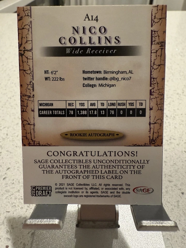 Sage Premier Draft A14 2021 Nico Collins RC automático Houston Texans Foto 2 de 2