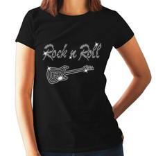 Rock And Roll & Guitar Ladies T Shirt Crystal Rhinestone Design ALL SIZES