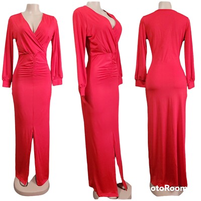 solid red dress deep v neck Formal Dress Women - Solid Red Deep V-Neck Long Sleeve Slim Fit Maxi Dress with High Split