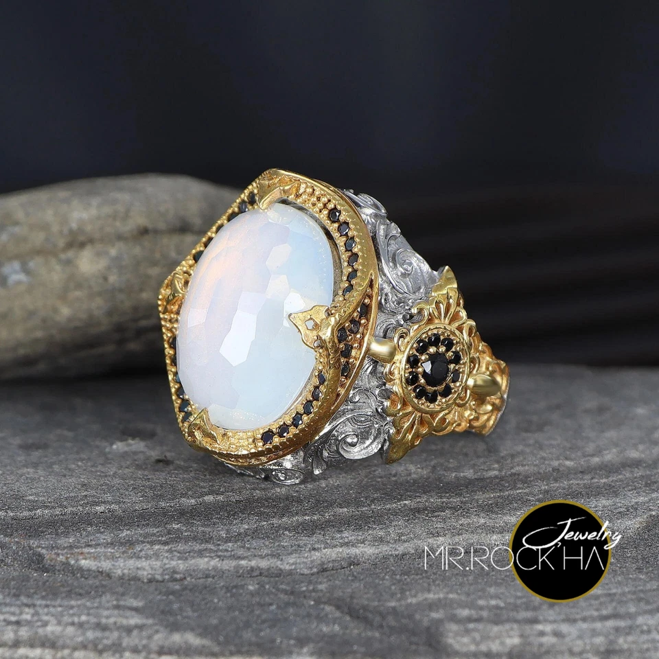 Moonstone,Gold Rhodium Plated,Handmade Engraving,925 Sterling Silver Men's Ring - Image 2 of 4