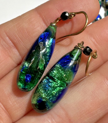 Green Emerald Blue Peacock Art Gold Foil Glass Briolette Bead Dangle Earrings