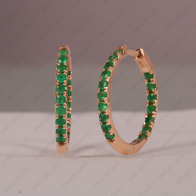 Emerald Inside-Outside Hoop Earrings, 14k Yellow Gold Big Huggie Hoops Earrings