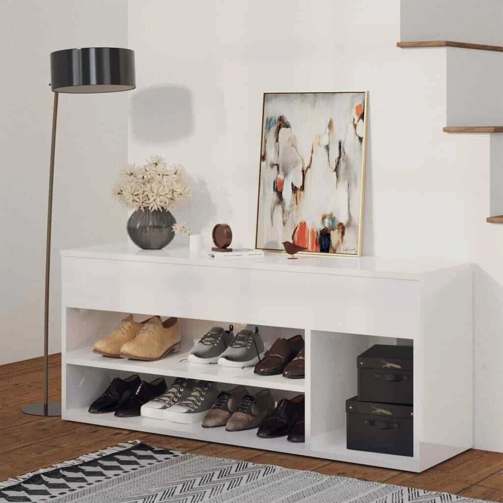 vidaXL Shoe Bench High Gloss White 105x30x45 cm Engineered Wood UK HOT
