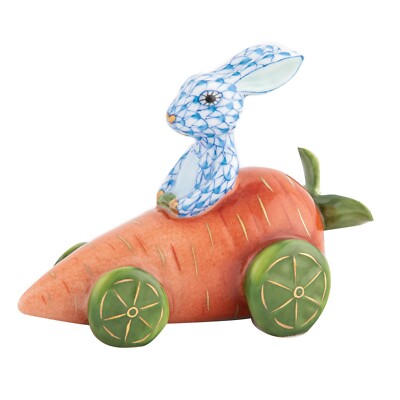 HEREND,  CARROT CAR BUNNY,  BLUE FISHNET #VHB-16217, NEW, MINT & BOX!