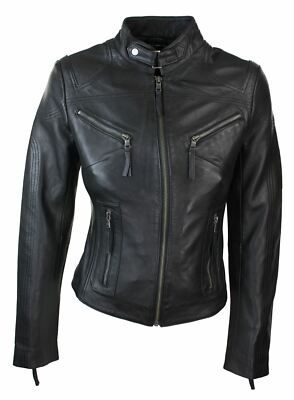 Ladies Real Leather Black Biker Style Fashion Jacket Size UK 6-20