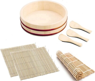 Japanese Sushi Oke Wooden Hangiri Bamboo Mat Rice Paddle Set 1576