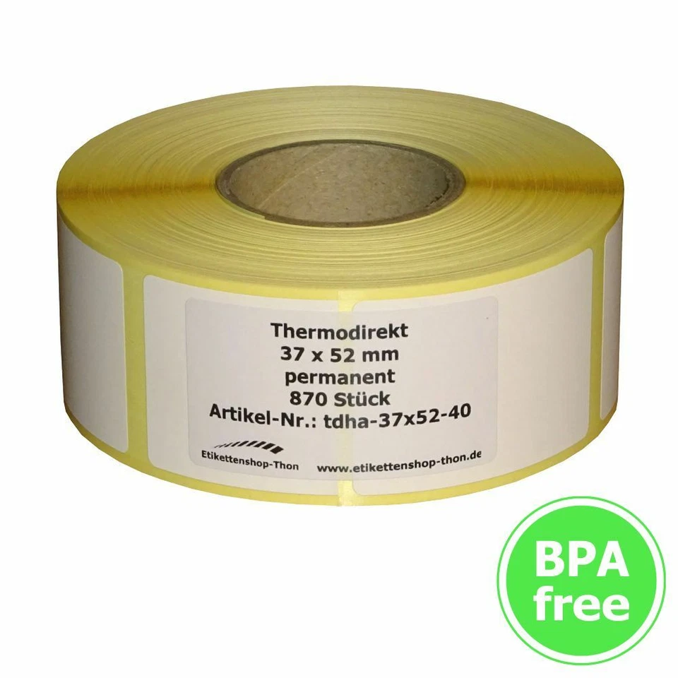 ETIKETTENSHOP THON Thermo Etiketten auf Rolle - 37 x 52 mm - 870 Stück - Hülse 40 mm - für BIZERBA