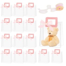 15 Pcs Clear Gift Bags with Pink Handles, Transparent PVC Gift Wrap Bag with ...