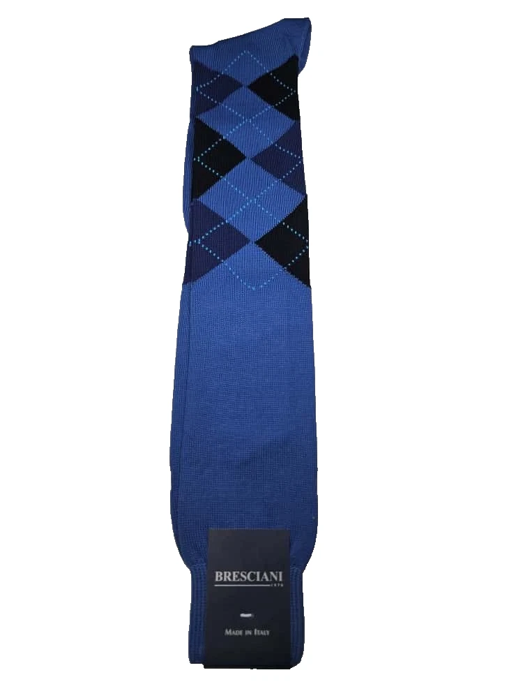 Bresciani Men’s Italian Socks Argyle Blue/Black/NavyBlue100% Cotton Size L - NWT